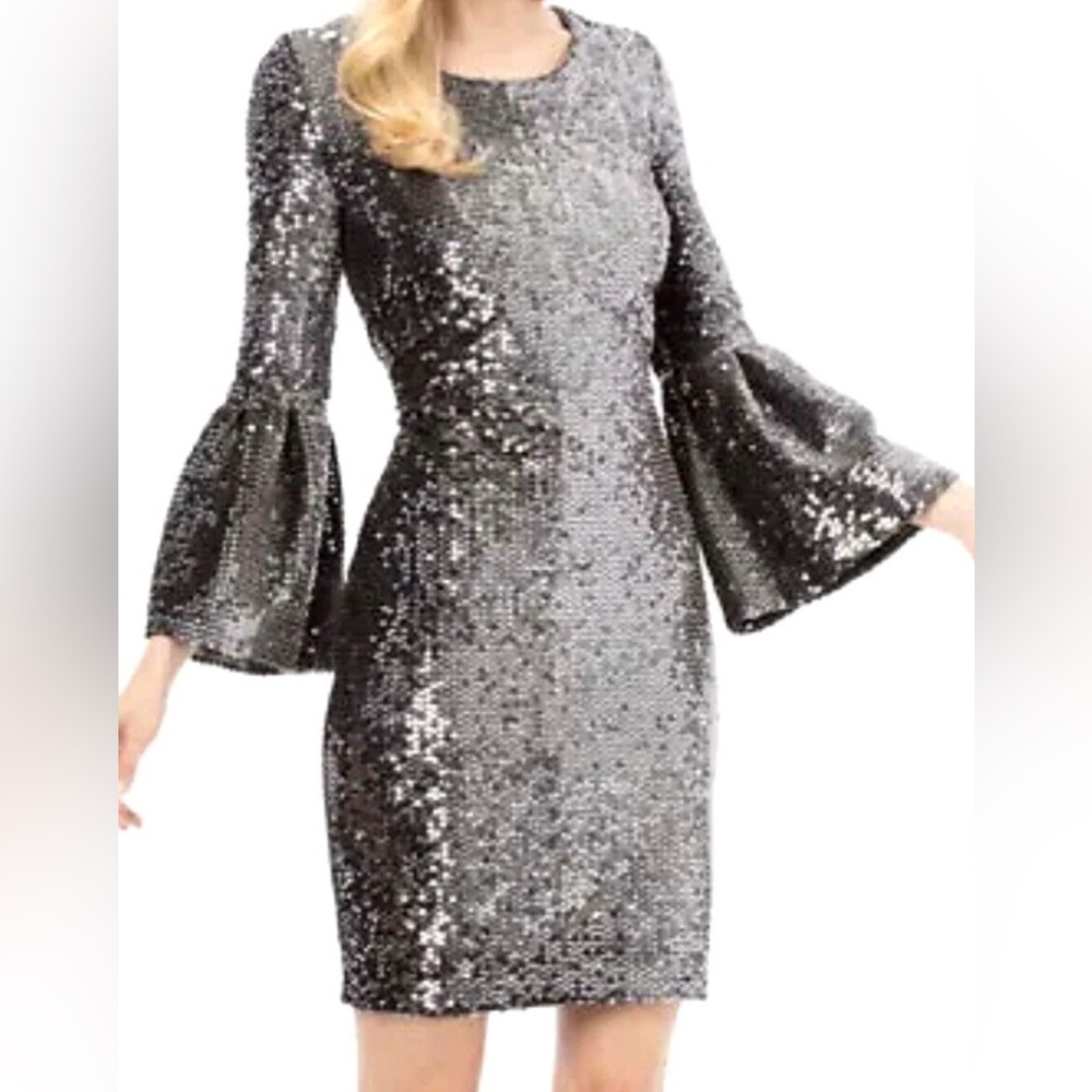 Nicole Miller‎ Silver Sequin Long Sleeve Dress